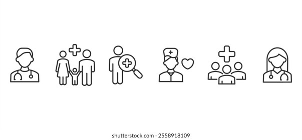 Doctor icon. Nurse, Pharmacy icons, medicine, Family healthcare, community service icons, Medicine and Health Services line icon set in transparent background.