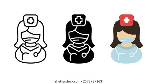 Doctor icon. Nurse symbol. Female medic vector illustration. Hospital service sign. Clinic logo. Emergency medicine pictogram. Woman Doc with stethoscope. Surgeon doctor sign. Ambulance worker concept