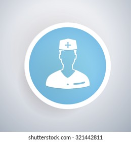 Doctor icon on blue button background, clean vector