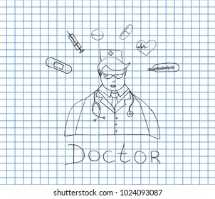 doctor icon on copybook background. Ambulance Icons. Hand drawn Vector Illustration.