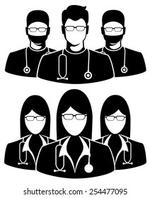 Doctor Icon On White Background. Illustration Of Three Members Of A Medical Team 