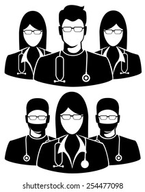 Doctor icon on white background. Illustration of three members of a medical team 