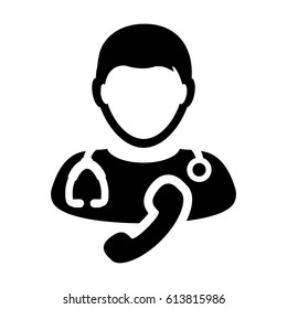 Doctor Icon With Phone Symbol For Contacting On-line Physician Consultation Specialist Avatar In Glyph Pictogram Vector illustration