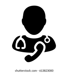 Doctor Icon With Phone Symbol For Contacting On line Physician Consultation Specialist Avatar In Glyph Pictogram 
Vector illustration