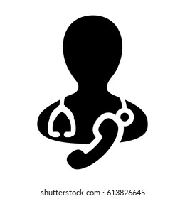 Doctor Icon With Phone Symbol For Contacting On line Physician Consultation Specialist Avatar In Glyph Pictogram 
Vector illustration