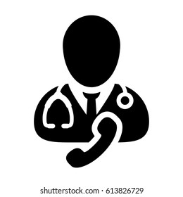 Doctor Icon With Phone Symbol For Contacting On Line Physician Consultation Specialist Avatar In Glyph Pictogram 
Vector Illustration