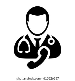 Doctor Icon With Phone Symbol For Contacting On line Physician Consultation Specialist Avatar In Glyph Pictogram 
Vector illustration
