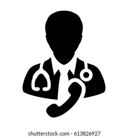 Doctor Icon With Phone Symbol For Contacting On line Physician Consultation Specialist Avatar In Glyph Pictogram 
Vector illustration