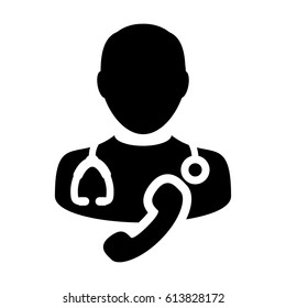 Doctor Icon With Phone Symbol For Contacting On line Physician Consultation Specialist Avatar In Glyph Pictogram 
Vector illustration