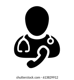 Doctor Icon With Phone Symbol For Contacting On Line Physician Consultation Specialist Avatar In Glyph Pictogram Vector Illustration