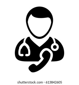 Doctor Icon With Phone Symbol For Contacting On line Physician Consultation Specialist Avatar In Glyph Pictogram 
Vector illustration
