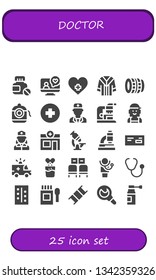 doctor icon set. 25 filled doctor icons.  Simple modern icons about  - Pills, Videocall, Hospital, Uniform, Lens, Dental floss, Doctor, Microscope, Checker, Nurse, Pharmacy, Medicine