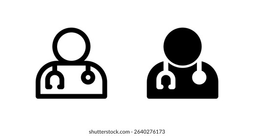 Doctor Icon Set. A black glyph and outline icon of a doctor, representing medical professionals.