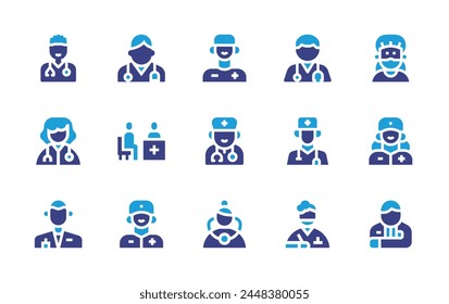 Conjunto de iconos del doctor. Color duotono. Ilustración vectorial. Conteniendo doctor, consultorio médico, hombre, mujer.