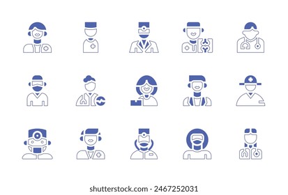 Doctor icon set. Duotone style line stroke and bold. Vector illustration. Containing doctor, nurse, dentist, orthopedist, psychiatrist, man, woman.
