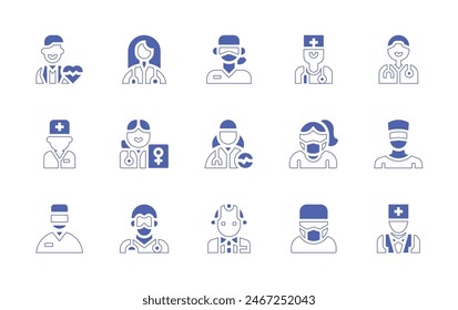 Conjunto de iconos del doctor. Trazo de línea de estilo duotono y negrita. Ilustración vectorial. Contiene doctor, ginecólogo, mascarilla médica, mujer.