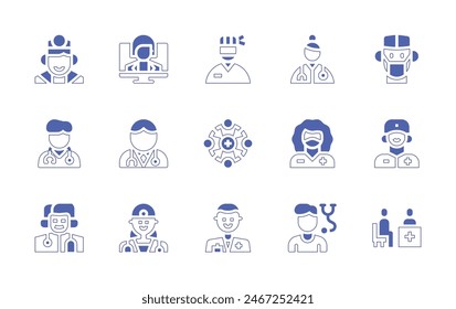 Doctor icon set. Duotone style line stroke and bold. Vector illustration. Containing doctorsoffice, doctor, man, organization, surgeon, woman.