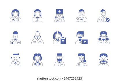Doctor icon set. Duotone style line stroke and bold. Vector illustration. Containing doctor, psychiatrist, nurse, gynecologist, therapist, woman.