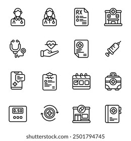 Doctor icon set. Includes clinic, injection, medical file, pharmacy, rx report, medical, and More. Outline icons vector collection.