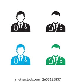 Doctor icon set on white background featuring a stethoscope, suit and tie in various colors. Icons depict health, medical profession, and healthcare services.