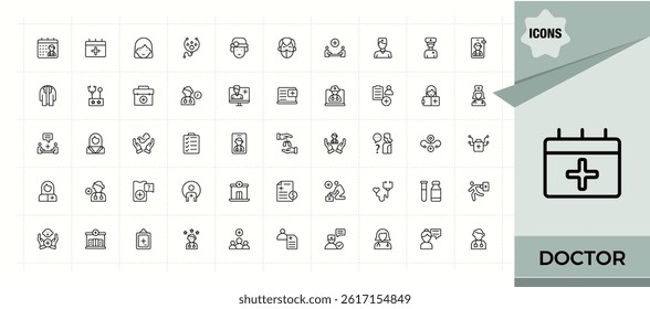 Doctor icon set. Surgeon icon set. Perfect for logos and infographic. Included surgeon, nurse, health, diagnosis, pharmacy, treatment and more. Editable vector. Pixel perfect.