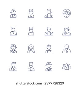 Juego de iconos del doctor. Icono de línea delgada. Trazo editable. Conteniendo al médico, a la salud, al equipo médico.