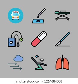 doctor icon set. vector set about lungs, tonometer, scalpel and pills icons set.