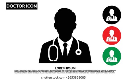 Silhueta do ícone do médico em terno preto com estetoscópio, Símbolo masculino do trabalhador da saúde, Estetoscópio médico masculino profissional da saúde médica