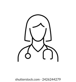 Doctor icon. Simple outline style. Medic, physician, professional, medicine, lady, woman, female, stethoscope, health concept. Thin line symbol. Vector illustration isolated.