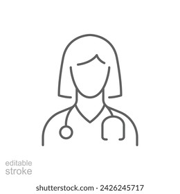 Doctor icon. Simple outline style. Medic, physician, professional, medicine, lady, woman, female, stethoscope, health concept. Thin line symbol. Vector illustration isolated. Editable stroke.