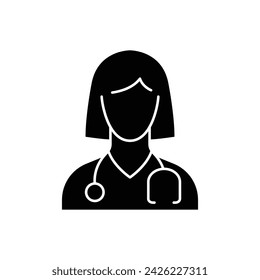 Doctor icon. Simple solid style. Medic, physician, professional, medicine, lady, woman, female, stethoscope, health concept. Black silhouette, glyph symbol. Vector illustration isolated.