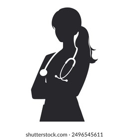 Doctor Icon with Stethoscope. Nurse logo, medical and health care hospital patient examination vector illustration Silhouette style