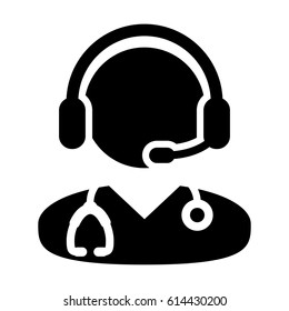 Doctor Icon Symbol With On-line Support Wearing Headphone For Contacting Physician Consultation Specialist Avatar In Glyph Pictogram Vector illustration
