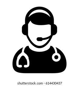 Doctor Icon Symbol With On-line Support Wearing Headphone For Contacting Physician Consultation Specialist Avatar In Glyph Pictogram Vector illustration