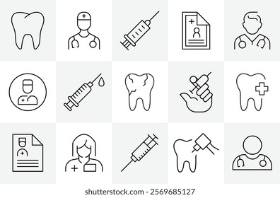 Doctor icon, Teeth symbol, Injection logo. Medical Icons Thin Line Vector