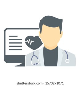 Doctor Icon Vector with Computer Monitor Avatar with Heart Pulse and Medical Record Report and Data for Patient Symbol illustration