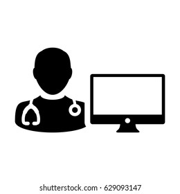 Doctor Icon Vector with Computer Monitor Avatar for On line Consultation, Report and Data for Patient In Glyph Pictogram Symbol illustration