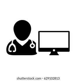 Doctor Icon Vector with Computer Monitor Avatar for On line Consultation, Report and Data for Patient In Glyph Pictogram Symbol illustration