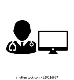 Doctor Icon Vector with Computer Monitor Avatar for On line Consultation, Report and Data for Patient In Glyph Pictogram Symbol illustration
