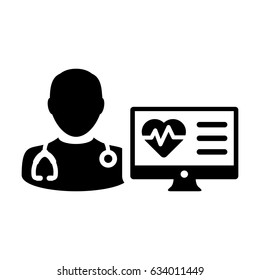 Doctor Icon Vector with Computer Monitor Avatar with Heart Pulse and Medical Record Report and Data for Patient In Glyph Pictogram Symbol illustration