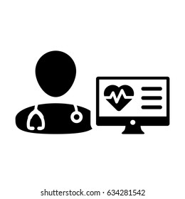 Doctor Icon Vector with Computer Monitor Avatar with Heart Pulse and Medical Record Report and Data for Patient In Glyph Pictogram Symbol illustration