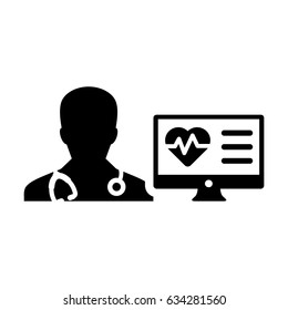 Doctor Icon Vector with Computer Monitor Avatar with Heart Pulse and Medical Record Report and Data for Patient In Glyph Pictogram Symbol illustration