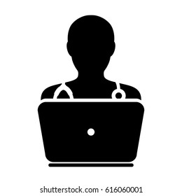 Doctor Icon Vector With Laptop Computer Avatar for On-line Consultation of Live Chat Advice for Patient in Flat Color Glyph Pictogram illustration