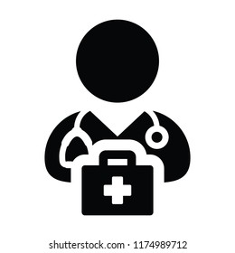 Doctor icon vector male person profile avatar with Stethoscope and first aid kit bag for Medical Consultation in Glyph Pictogram illustration