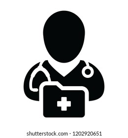 Doctor icon vector male person profile avatar with stethoscope and medical report folder for medical consultation in Glyph pictogram illustration