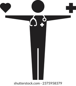 Doctor icon vector male pictogram with heart symbol for medical consultation in Glyph illustration