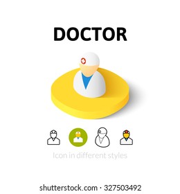 Icono del doctor, símbolo del Vector en estilo plano, contorno e isométrico