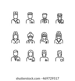 Doctor icons, nurse symbols, medical professionals vector avatars. Surgeon with stethoscope, woman physician illustration