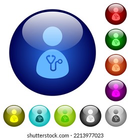 Doctor icons on round glass buttons in multiple colors. Arranged layer structure