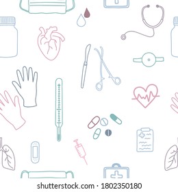 Íconos médicos sin problemas. Ilustración de línea vectorial de tracción manual. El conjunto está formado por medicamentos, guantes, estetoscopio, máscara protectora, termómetro, jeringa, parche, maleta del médico, etc.